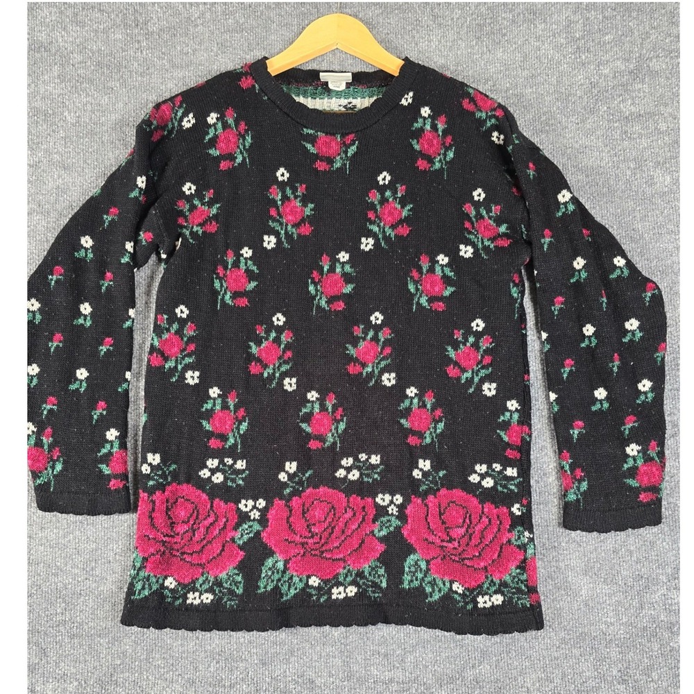 Classic Elements Black Floral Rose Knit Sweater Long Sleeve Women's Small